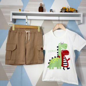 CONJUNTO SHORT BOLSO CARGO E CAMISA ESTAMPA MALHA MENEGOTTI